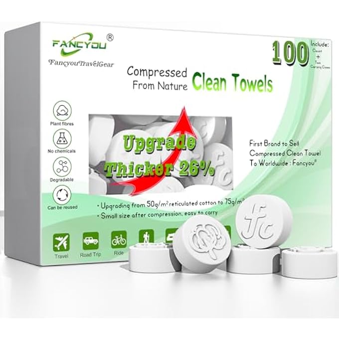 fancyou COMPRESSED TOWELS TABLETS, THICK DISPOSABLE FACE TOWEL COMPACT PORTABLE COTTON WIPES COIN TISSUES FOR MINI TRAVEL ESSENTIALS, TRAVEL SKIN CARE, BEAUTY SALON, GYM, TATTOO, HOME(100 COUNT CLEAR) - Image 1